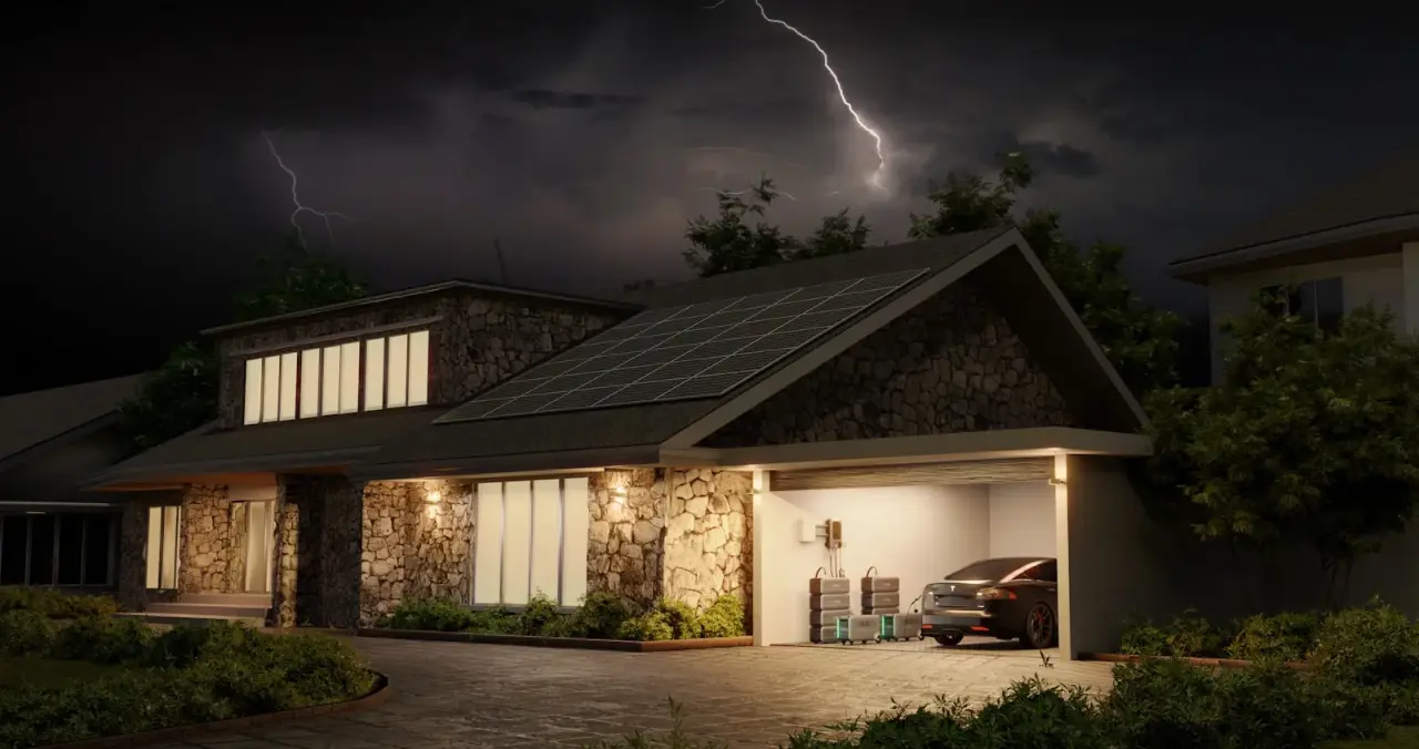 Modern huis met zonnepanelen, thuisbatterij en laadpaal bij avond